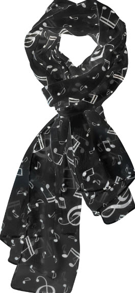 Music Note & G-Clef Scarf with White Notes on Black from Piano Supplies